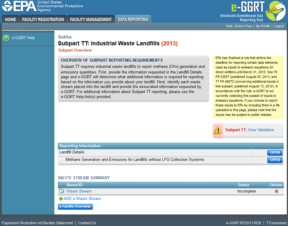 Subpart TT: Waste Stream Summary with a record status of Incomplete